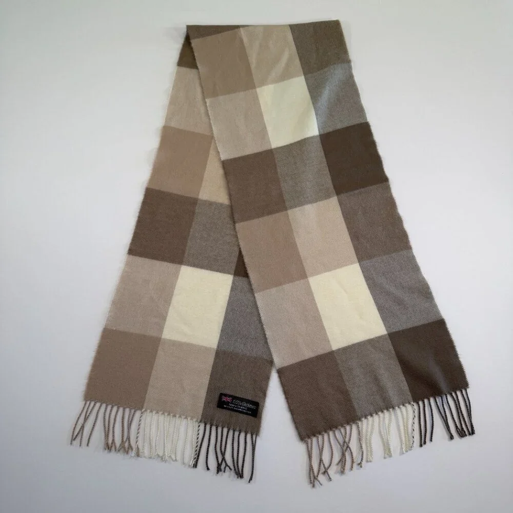 100% Cashmere Wool Tan Brown Plaid Fringe Scarf Muffler